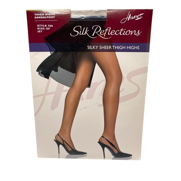Hanes Silk Reflections Thigh Highs Jet Size EF Style 720 Silky Sheer Sandalfoot - Picture 1 of 5